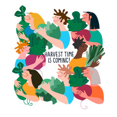 Happy multiracial people holding giant vegetables on white backdrop. Harvest Time Is Coming hand-lettered quote. Vector background. Concept of harvesting, agritourism