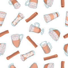 Coffee kinds seamless pattern. Latte, macchiato, americano, cappuccino, mocachino, raf coffee, cinnamon. Stock vector illustration. - obrazy, fototapety, plakaty