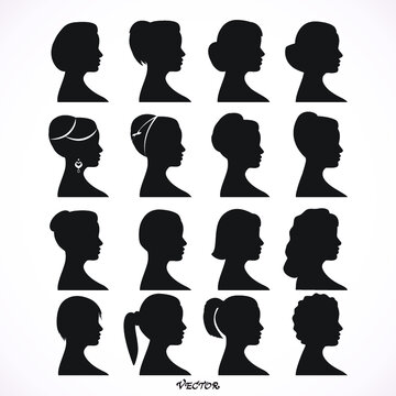 Women Profile Silhouettes - Vector Illustration, girls silhouettes with 16 different hairstyle for your design.