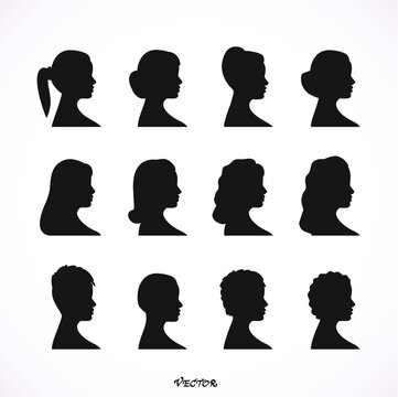 Women Profile Silhouettes - Vector Illustration, girls silhouettes with 12 different hairstyle for your design.