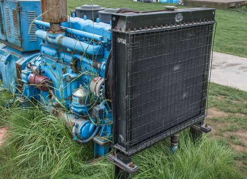 A diesel engine painted blue