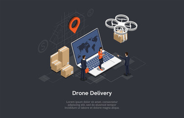 Isometric Illustration. Vector Composition With 3D Objects. Cartoon Style Design. Drone Package Air Delivery Concept. People Standing Near Laptop With World Map And GPS Tracking Sign. Boxes Around