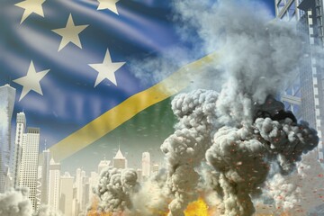 huge smoke column with fire in the modern city - concept of industrial accident or terrorist act on Solomon Islands flag background, industrial 3D illustration