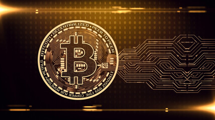 Bitcoin cryptocurrency digital money background on golden