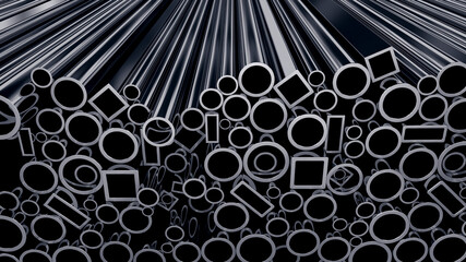 Stack of steel pipes on black