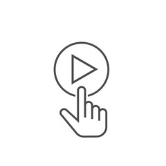 Finger pressing play button outline icon. Vector sign
