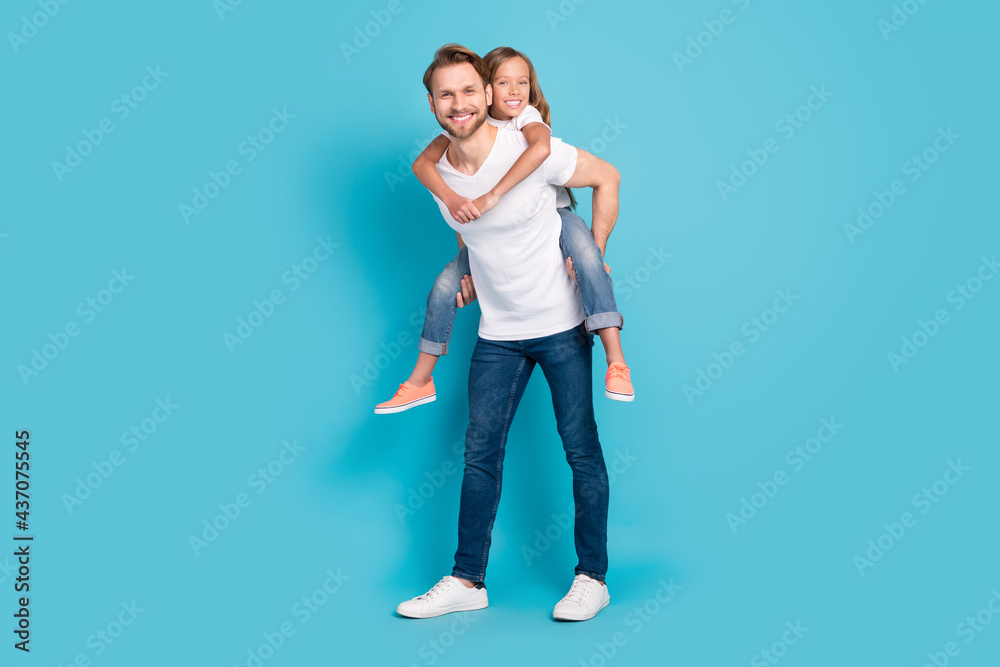 Sticker full size photo of handsome guy hold on back piggyback adorable positive girl toothy smile isolated 