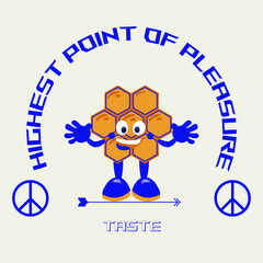 Honey comb. T-shirt or sweatshirt print. Logotype type for vegetarian, vegan. Vector image of honey in a retro style with a positive slogan. Package design. Cartoon funny honeycomb.