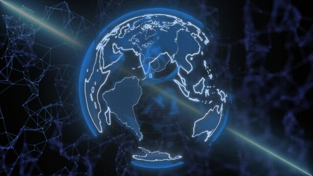 Big data of the Earth. Digital clouds and rotating planet earth in blue. Technology and business concept. Network and Internet. 3d animation