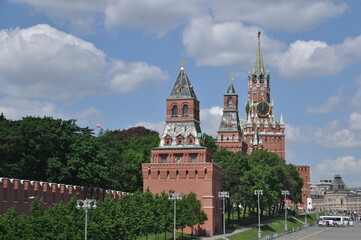 Fototapeta premium Kremlin towers. Close-up, panorama. Spring day. Moscow, Russia, May 22, 2021.