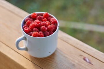 cup of the raspberry on the wooden table