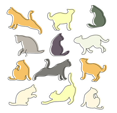 Vector set character cartoon cat  pastel color with line cut.