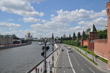 Embankment of the Moscow Kremlin, river. and the Cathedral of Christ the Savior. Moscow, Russia,...