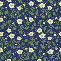 Seamless botanical blue pattern with rose hips branches and flowers
