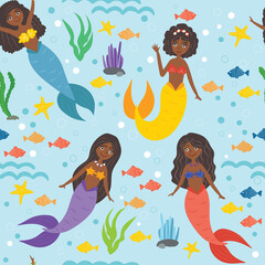 cute black mermaids. Long hair, African-American girls. Sea, waves, starfish, fish, algae, bubbles. Sea pattern for children. Seamless pattern, vector illustration.
