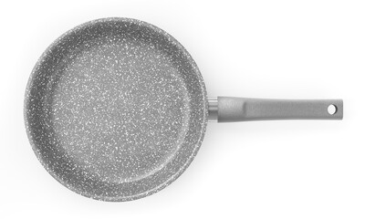 Gray granite coated frying pan on white background