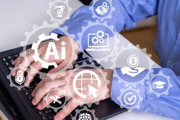 Creative artificial Intelligence concept with human brain sketch and hands typing on computer keyboard on background.