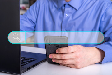 Searching Browsing Internet Data Information Networking Concept with blank search bar.close up of businessman.