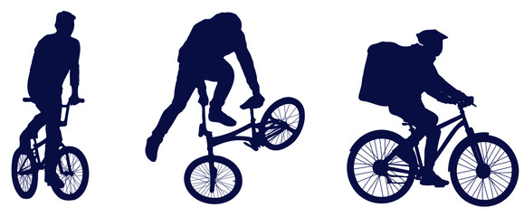 The cyclist rides while standing. The athlete is engaged in curly cycling. A courier in a helmet carries a load over his shoulder. Silhouettes isolated on white background. Vector, eps10.