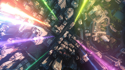 AERIAL. Modern abstract cityscape and colorful network connection concept .