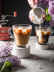 Black Iced Coffee with milk in glass mugs with a white round plaster base. The hand holds the milkman. Mixing milk with coffee. In the background are lilac flowers, a coffee grinder and coffee beans. 