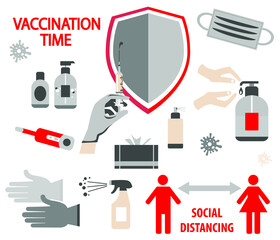 Covid 19 prevention icons. Medical mask, gloves, hand sanitizer bottles. Vector illustration
