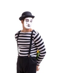 Mime with bunch of flowers isolated on white