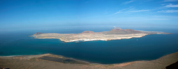 Beautiful panorama of La Graciosa island. Aerial view from Mirador del Rio in Lanzarote, Canary islands, Spain, Europe