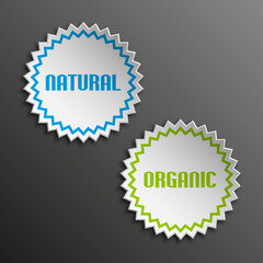 Natural & Organic Special Round Offer. Vintage Sticker. Origami paper infographic colorful banners set. Annotation circle buttons. Advertising Design shape. Speech talking cloud. Vector label tag.