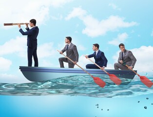 Team of businessmen in teamwork concept with boat - obrazy, fototapety, plakaty
