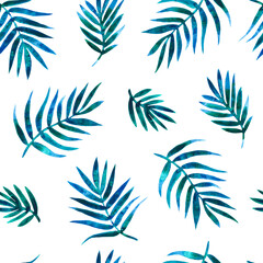 hand drawing splatter  watercolor palm leaves. seamless light summer pattern. for fabric, clothing, wrapping paper and any background.