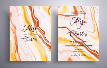 Modern set of wedding invitations with stone texture. Agate vector cards with marble effect and swirling paints, brown, yellow and white colors. Designed for posters, packaging and etc.