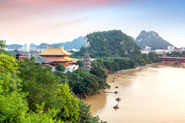 The scenery on both sides of the Liujiang River, the urban landscape of Liuzhou, Guangxi, China.