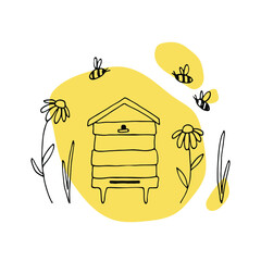 Vector hive, bees, flowers. Linear hand drawn illustration with bright spot is perfect for honey design, beekeeper brand identity, floral logo, icon, label, postcard, poster