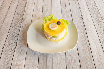 Typical causa limeña from Peru served in a European restaurant - obrazy, fototapety, plakaty