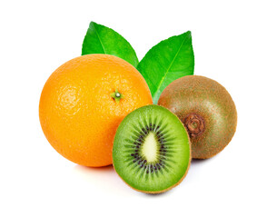 Kiwi and orange fruit isolated on white background