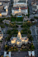Colorado State Capital building, Civic Center Park and Denver City and County Building sunrise aerial image