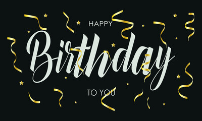 Fototapeta na wymiar Happy birthday you text. Calligraphy lettering with golden serpentine and stars on a black background. Greeting card, banner.