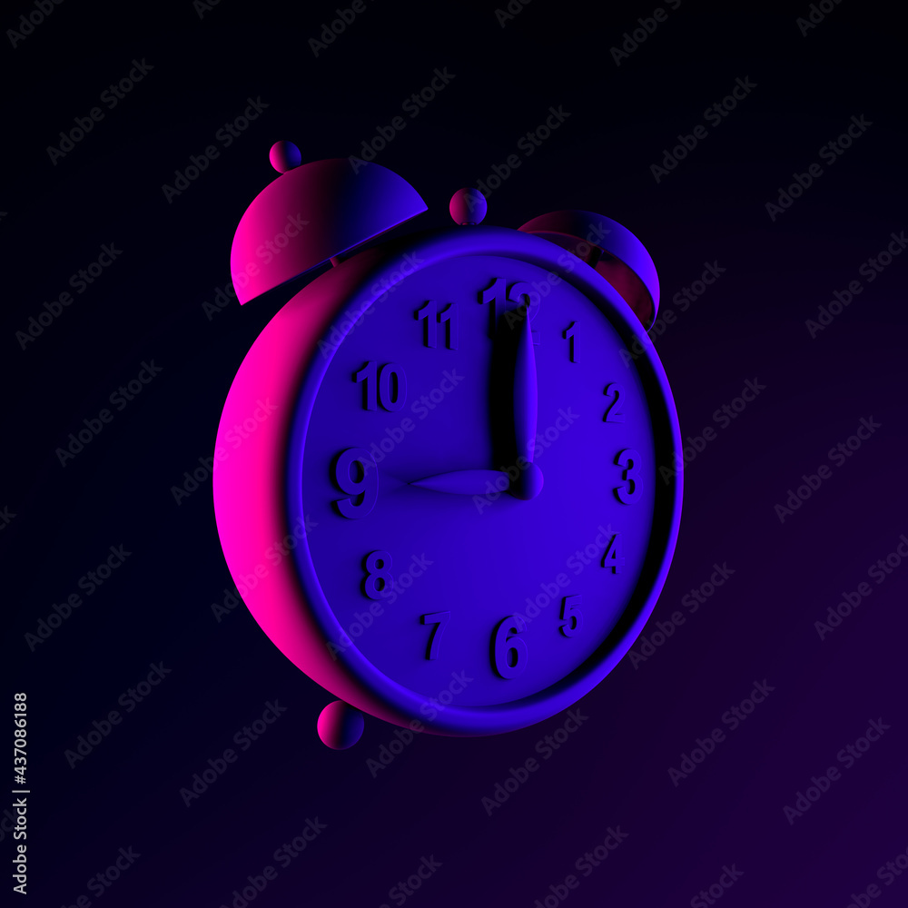 Poster neon vintage alarm clock icon. 3d rendering ui ux interface element. dark glowing symbol.