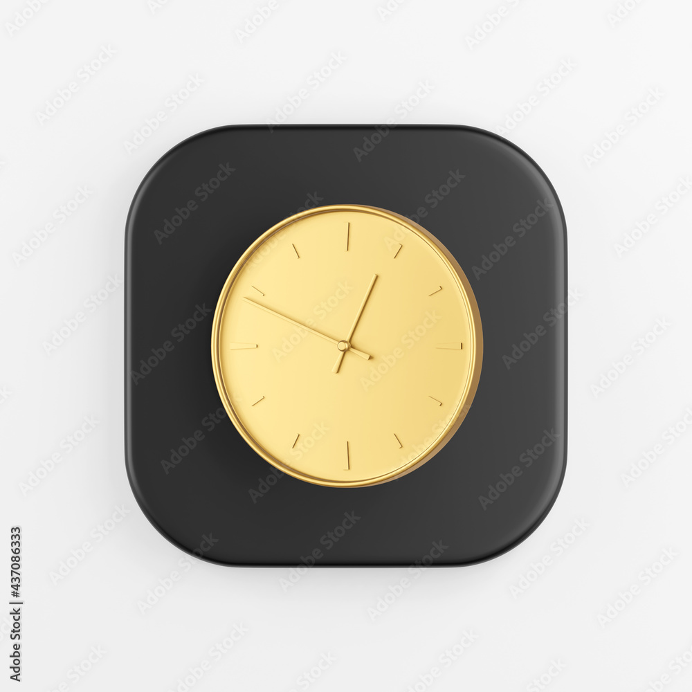 Poster gold wall round clock icon. 3d rendering of black square key button, interface ui ux element.