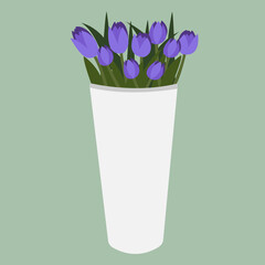 Vector bouquet of purple tulips flowers isolated on a green background.