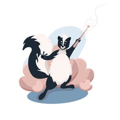 Cute funny skunk holding a magic wand, wild animals, vector character in cartoon style, clip art on a white background.