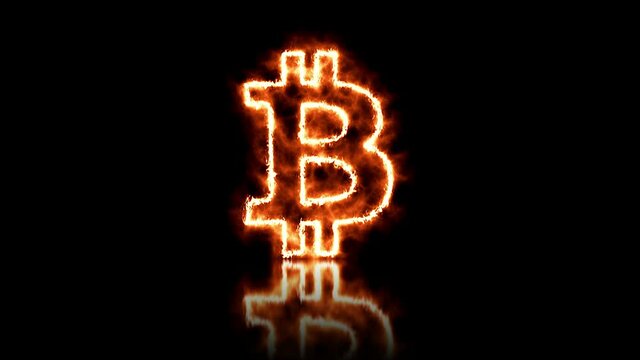 Video animation of the bitcoin logo in abstract fire on reflective floor - seamless loop - digital currency - cryptocurrency - btc