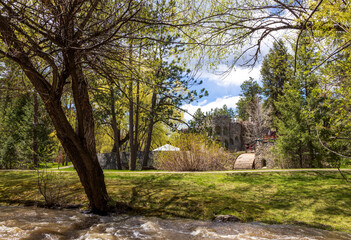 Scenic spring landscape in Lair o the Bear Park with the view of Dunafon Castle near the town of Morrison, Colorado
