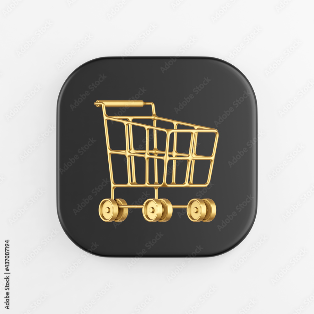 Poster golden shopping cart on wheels icon. 3d rendering of black square key button, interface ui ux elemen