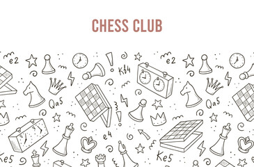 Hand drawn banners template with cartoon chess game elements. Doodle sketch style. Vector illustration for a chess club, tournaments banner, frame, brochure background.