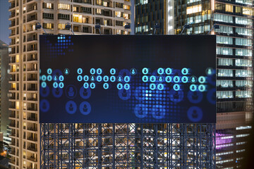 Fototapeta premium Glowing Social media icons on billboard over night panoramic city view of Bangkok. The concept of networking and establishing new connections between people and businesses in Southeast Asia