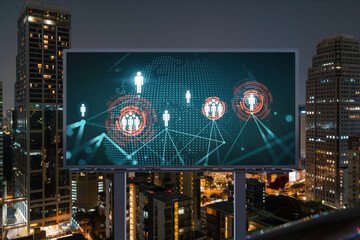 World planet Earth map hologram and social media icons on billboard over night panoramic city view of Bangkok, Southeast Asia. Networking and establishing new connections between people. Globe