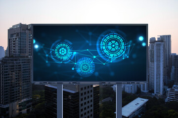 Glowing hologram of technological process on billboard, aerial panoramic cityscape of Bangkok at...