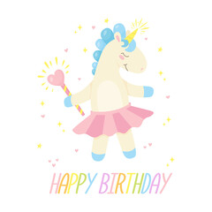 Happy birthday card with cute unicorn in a skirt